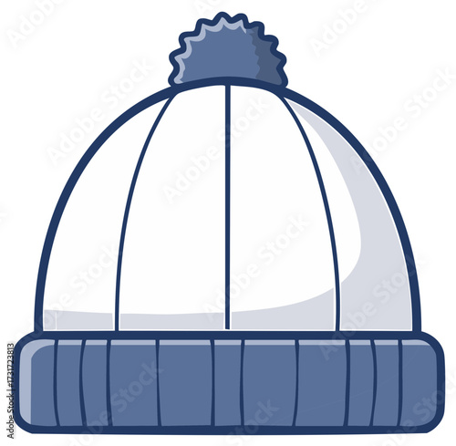 Stylized Winter Hat Illustration: Blue and White Knit Cap with Pom Pom for Cold Weather Apparel Design