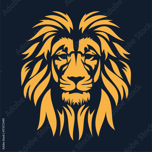 A striking vector illustration of a lion’s head in golden tones, featuring a bold mane and a powerful, symmetrical design on a dark background.