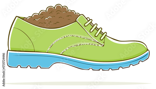 Vibrant green lace up shoe with a bright blue sole filled with earthy brown soil illustration