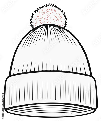 Classic knitted winter beanie hat with a fluffy pompom graphic illustration
