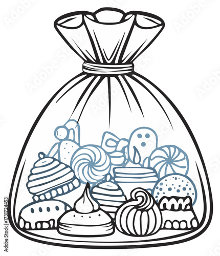 Outlined Candy Bag Illustration Filled with Treats for Holiday Fun Party Sweets and Goodies