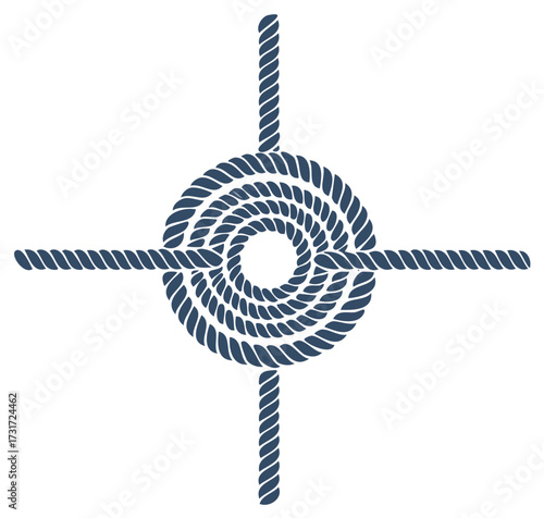 Blue nautical rope coiled spiral design with four radiating straight lines creating a compass star