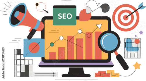 SEO analysis digital marketing dashboard with graphs and magnifying glass