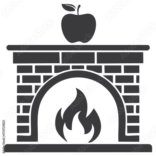 Apple on a Brick Fireplace Mantel with a Burning Fire Vector Icon