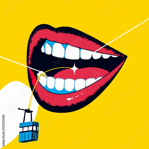 Vibrant Pop Art Illustration of Lips with Dental Floss and Gondola Lift Concept