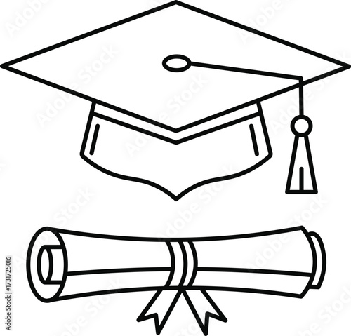 Graduation cap and diploma scroll outline simple graphic education academic