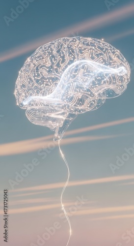 Floating transparent brain balloon in pastel sky