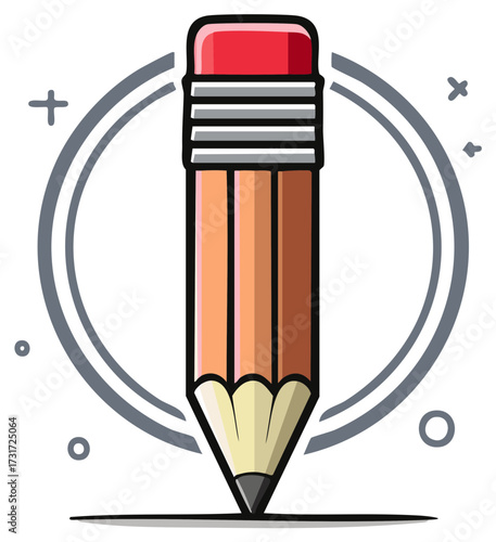 Illustrative drawing pencil with a red eraser marking a line surrounded by creative doodle elements representing education and art project