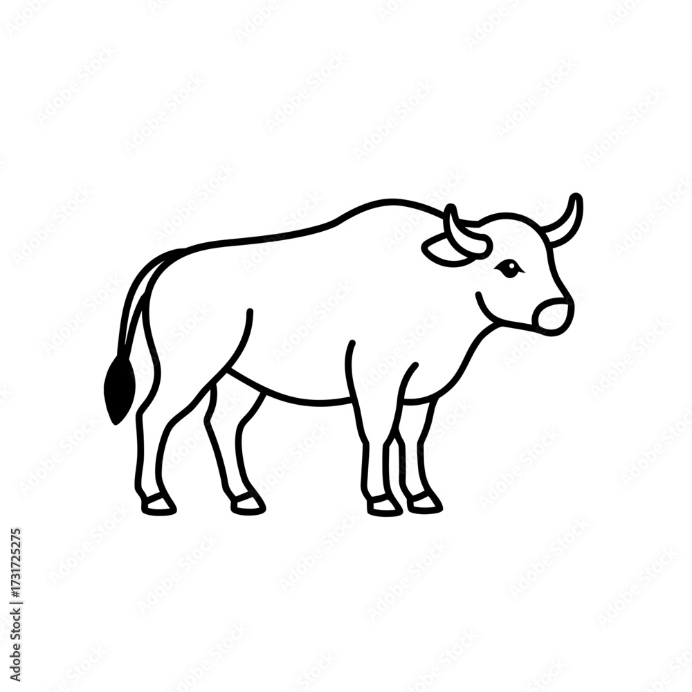 Obraz premium Illustration of a standing bull with horns and a tail in black outline on a white background image view on transparent background