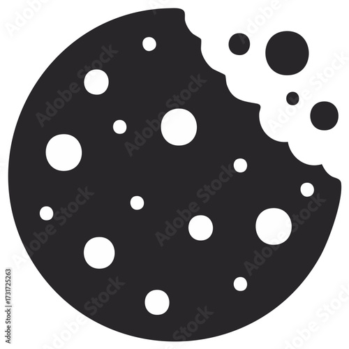 Simple black and white vector icon of a bitten chocolate chip cookie for web and apps