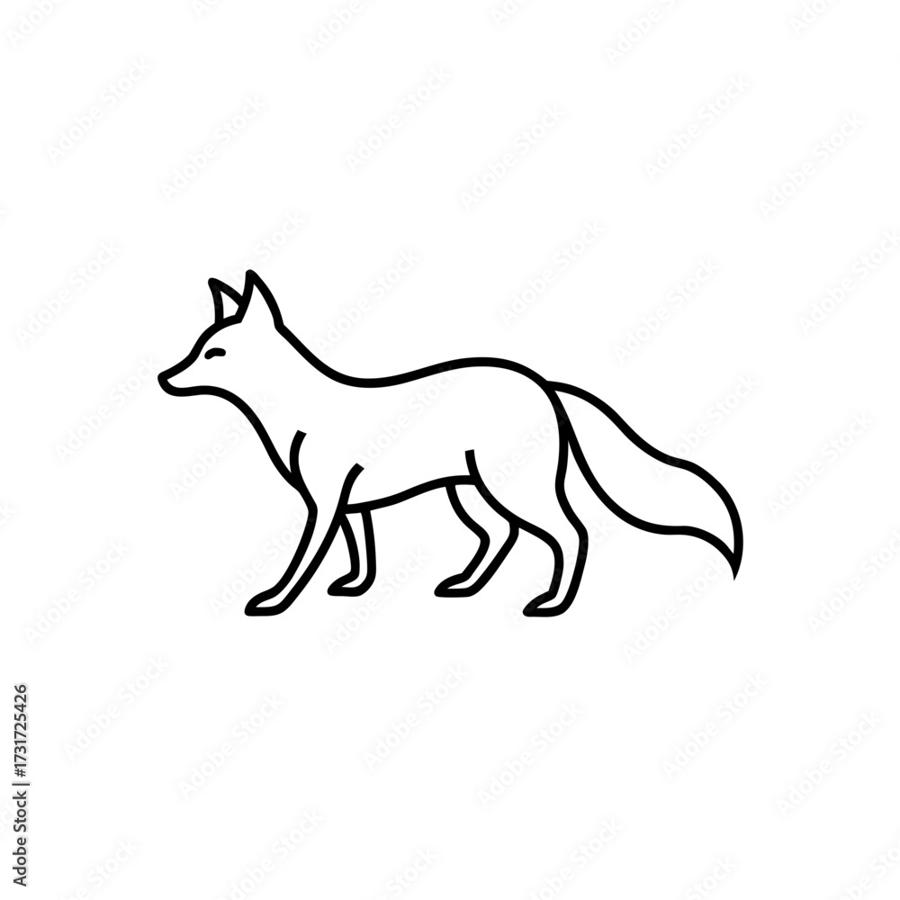 Fototapeta premium A simple line drawing of a fox in profile, facing left, with a bushy tail and pointed ears, isolated on white on transparent background