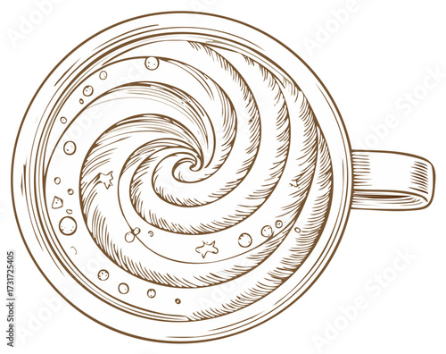 Top view of a coffee cup with frothy swirl and sprinkles in sketch style