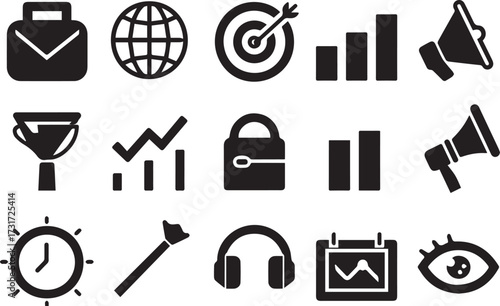 Business and marketing icons including briefcase globe target chart lock megaphone clock brush headphones calendar and eye