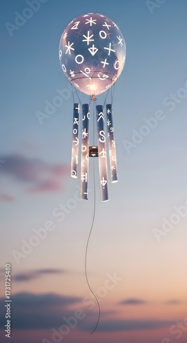 Floating balloon with symbols and wind chimes in the sky.