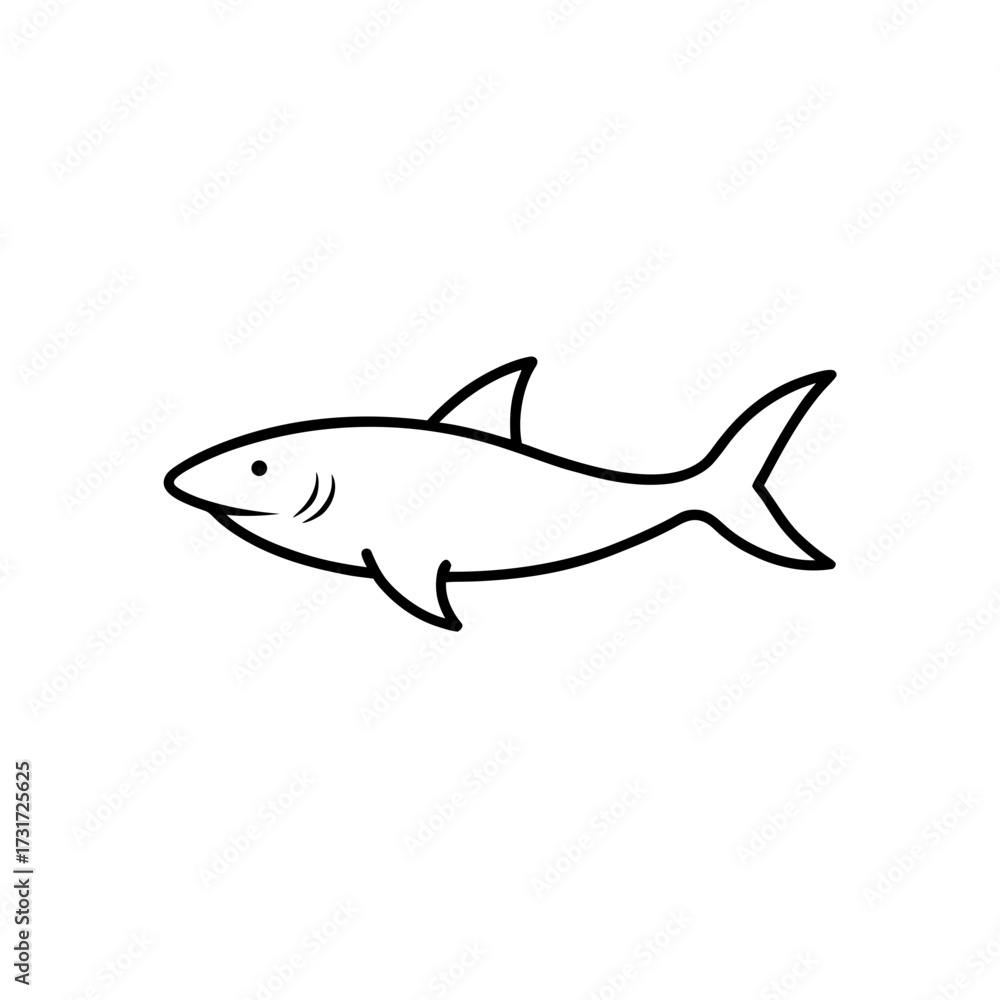 Obraz premium A simple black outline drawing of a shark with a dorsal fin and tail fin swimming to the left side on transparent background