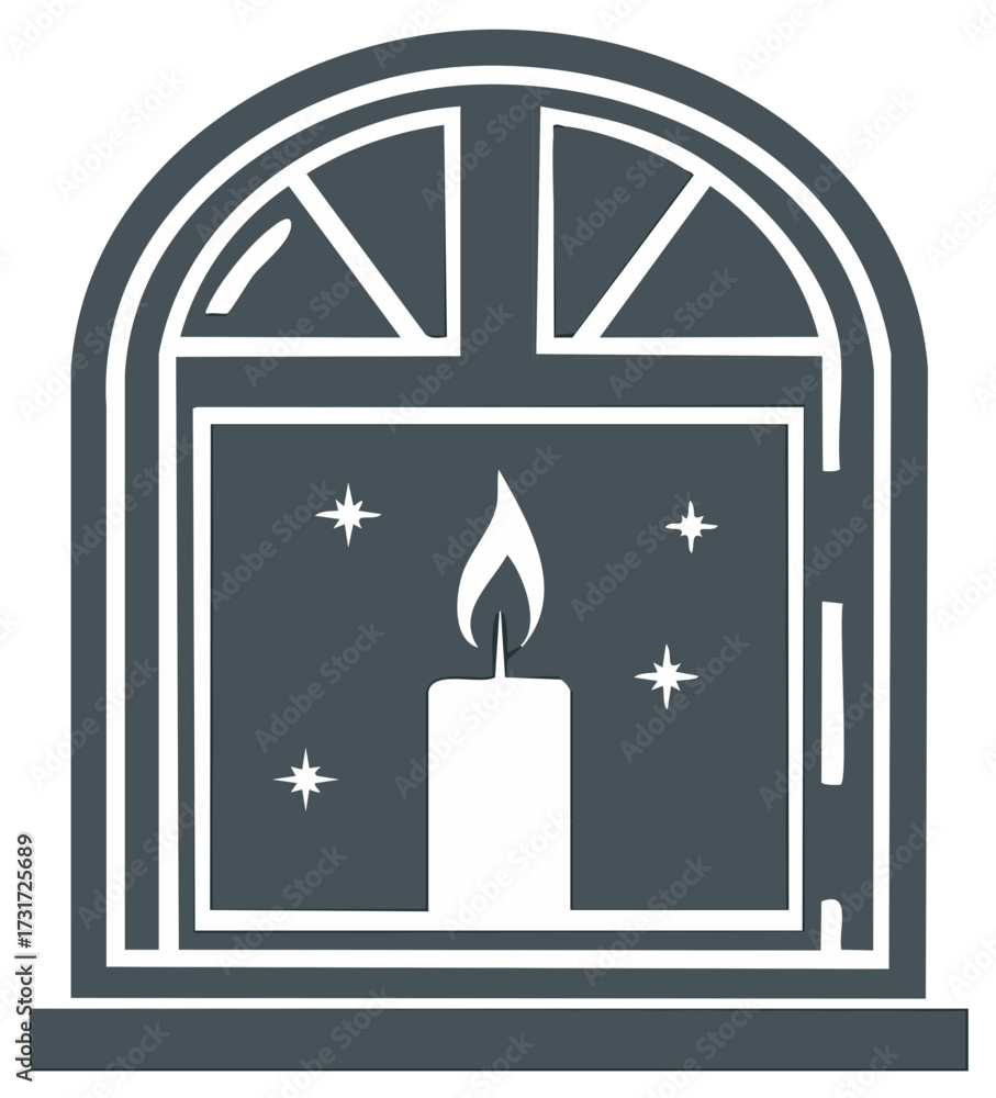 Fototapeta premium Illuminated Candle in Arched Window with Starry Night Sky