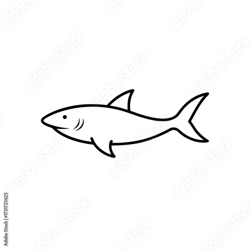 A simple black outline drawing of a shark with a dorsal fin and tail fin swimming to the left side on transparent background