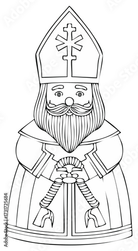 Stylized illustration of a robed figure wearing a miter hat and holding a staff