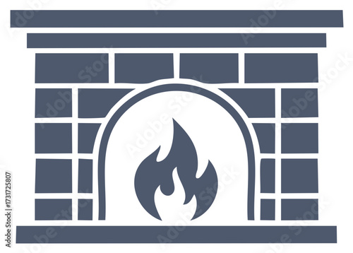 Cozy fire burning inside a brick fireplace illustration with arch and mantle