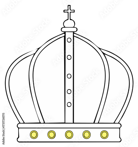 Stylized line art of a majestic imperial crown featuring a cross finial and decorative golden details