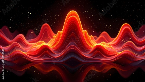 Abstract red waves with reflection and glowing particles in the dark background