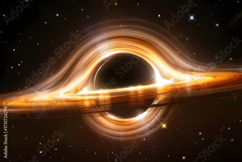 Black hole accretion disk illustration in the vastness of outer space and galaxy