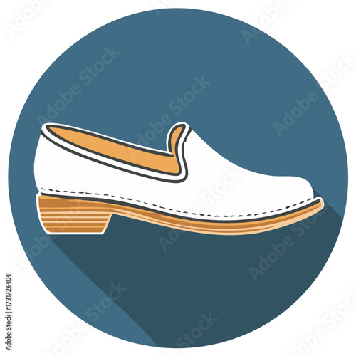 Elegant white loafer with tan accents on a blue circle background flat vector icon style