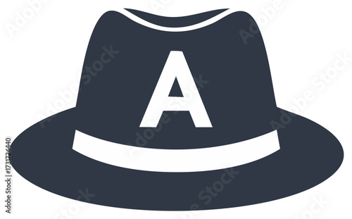Stylized fedora hat silhouette with letter A, symbol or icon, dark blue