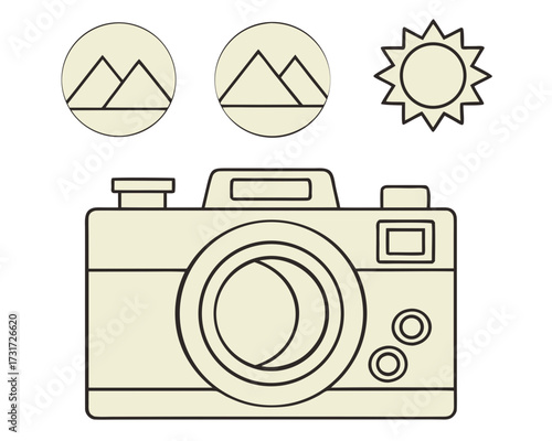 Camera and Photography Icon Set with Sun and Landscape Symbols