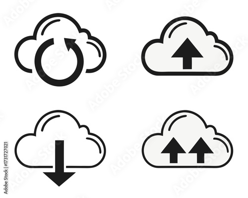Cloud computing icons representing upload download and sync operations