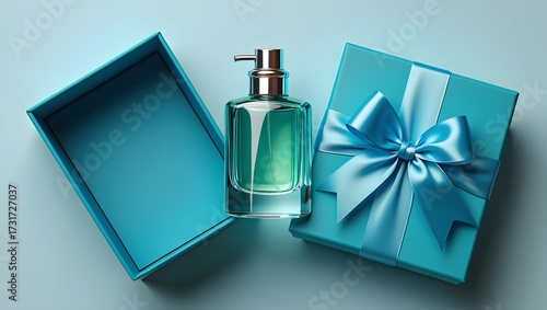 Perfume bottle with gift boxes and ribbons in a matching color scheme for presentation