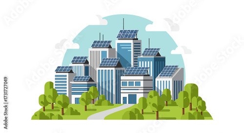 Illustration of a modern green city with buildings featuring solar panels and lush trees, depicting sustainable urban development.