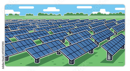 Illustration of a large solar panel farm generating clean energy in a field under a blue sky.