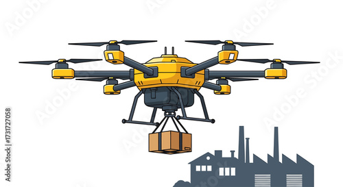 Delivery drone carrying a package over a factory or industrial area.