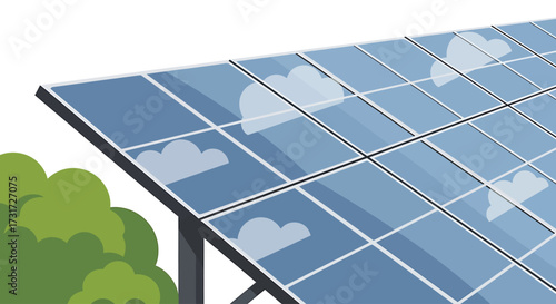 Close-up view of a solar panel reflecting clouds, with green foliage nearby, illustrating renewable energy technology.