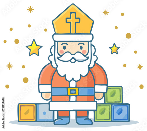 Cartoon Saint Nicholas with Building Blocks and Stars