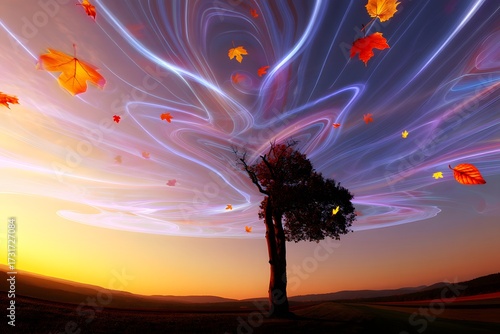 Autumn leaves falling from tree with surreal sky and sunset background landscape scene