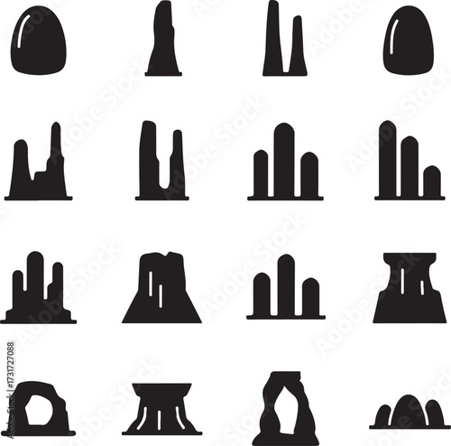 Diverse Rock Formations Silhouettes: A compilation of distinct rock formations, artfully rendered in sleek black and white silhouettes, ideal for illustrative purposes. 