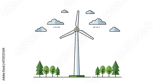 Vector illustration of a wind turbine generating renewable energy in a green landscape with trees and clouds.