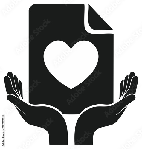 Hands holding a document with a heart symbol icon for charity donation healthcare and love concepts