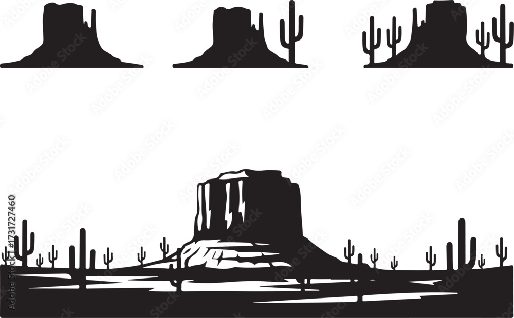 Fototapeta premium Silhouette of Desert Scenery: A collection of desert landscapes and iconic rock formations, stylized into bold, contrasting silhouettes. showcasing nature's unique forms.