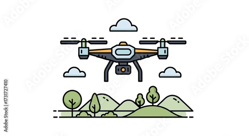 A cartoon drone flies over a landscape with hills, trees, and clouds.
