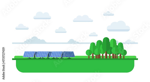 A flat vector illustration of solar panels in a green field next to a grove of trees, representing renewable energy and environmental conservation.