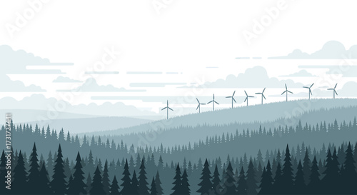 A serene landscape featuring rolling hills covered in evergreen trees, with a line of wind turbines on the horizon under a cloudy sky.