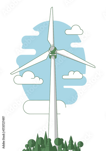 Stylized vector illustration of a wind turbine generating renewable energy above a green forest.
