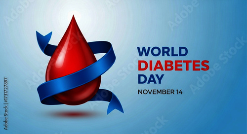 Glossy Red Blood Drop with Blue Ribbon for World Diabetes Day Awareness