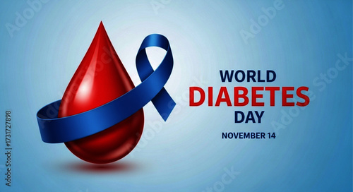 Vibrant Red Blood Drop with Blue Ribbon Symbolizing World Diabetes Day.