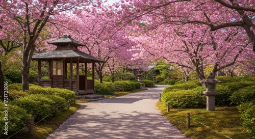 Tranquil garden scene featuring blossoming cherry trees with a traditional wooden gazebo and pathway