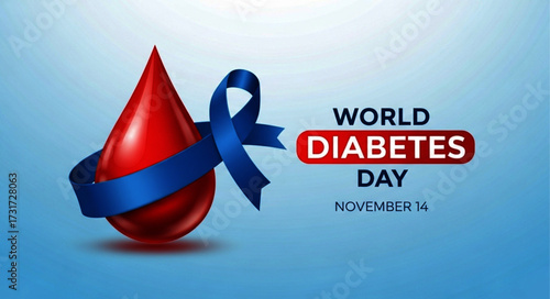 Glossy Red Blood Drop with Blue Ribbon for Diabetes Awareness