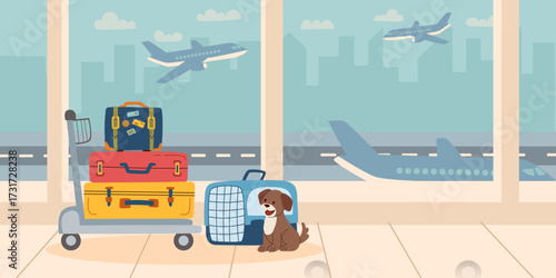 Traveling with dog concept. Luggage and a dog nearby the carrier at the airport. Vector flat banner.